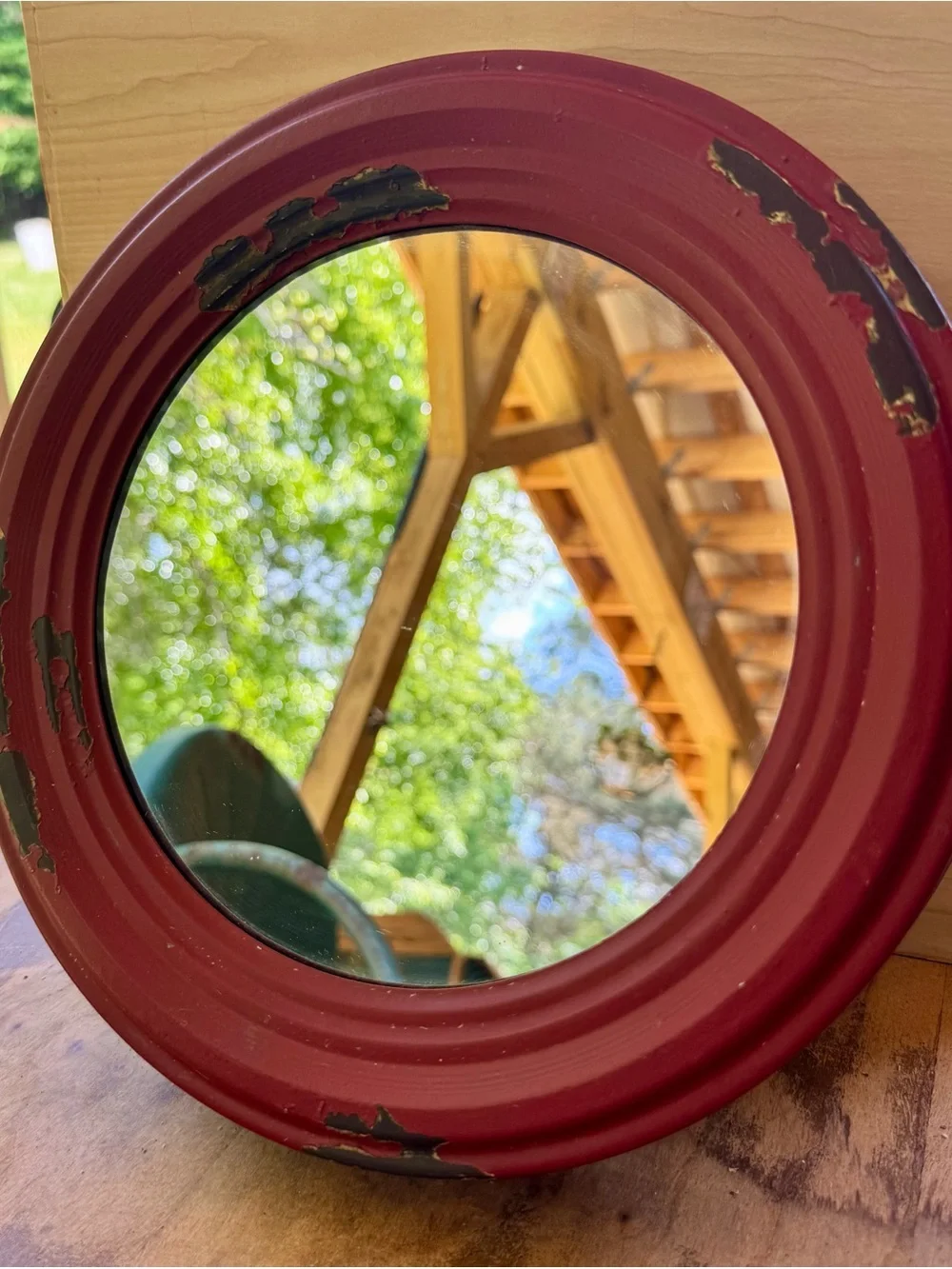 Round Distressed Red Wall Mirror - Home Wall Decor